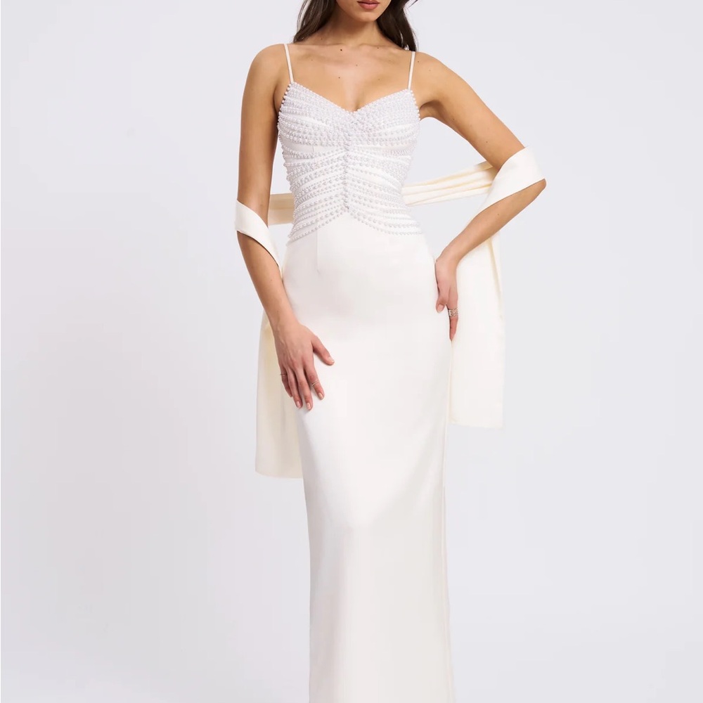 Miss Circle Karmen Pearl Top Pencil Slip Gown with Scarf